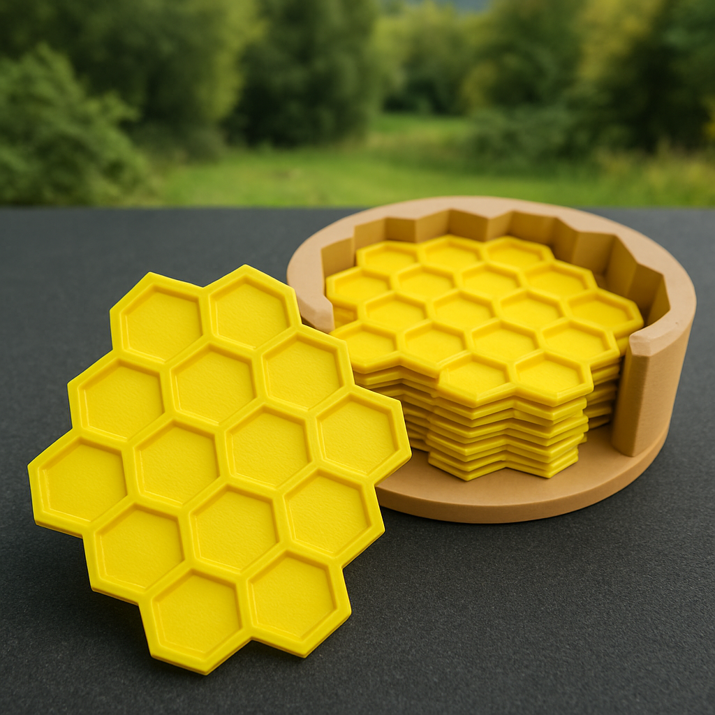 3D Printed Honeycomb Bee Coaster Set: Yellow Hexagon Table Decor
