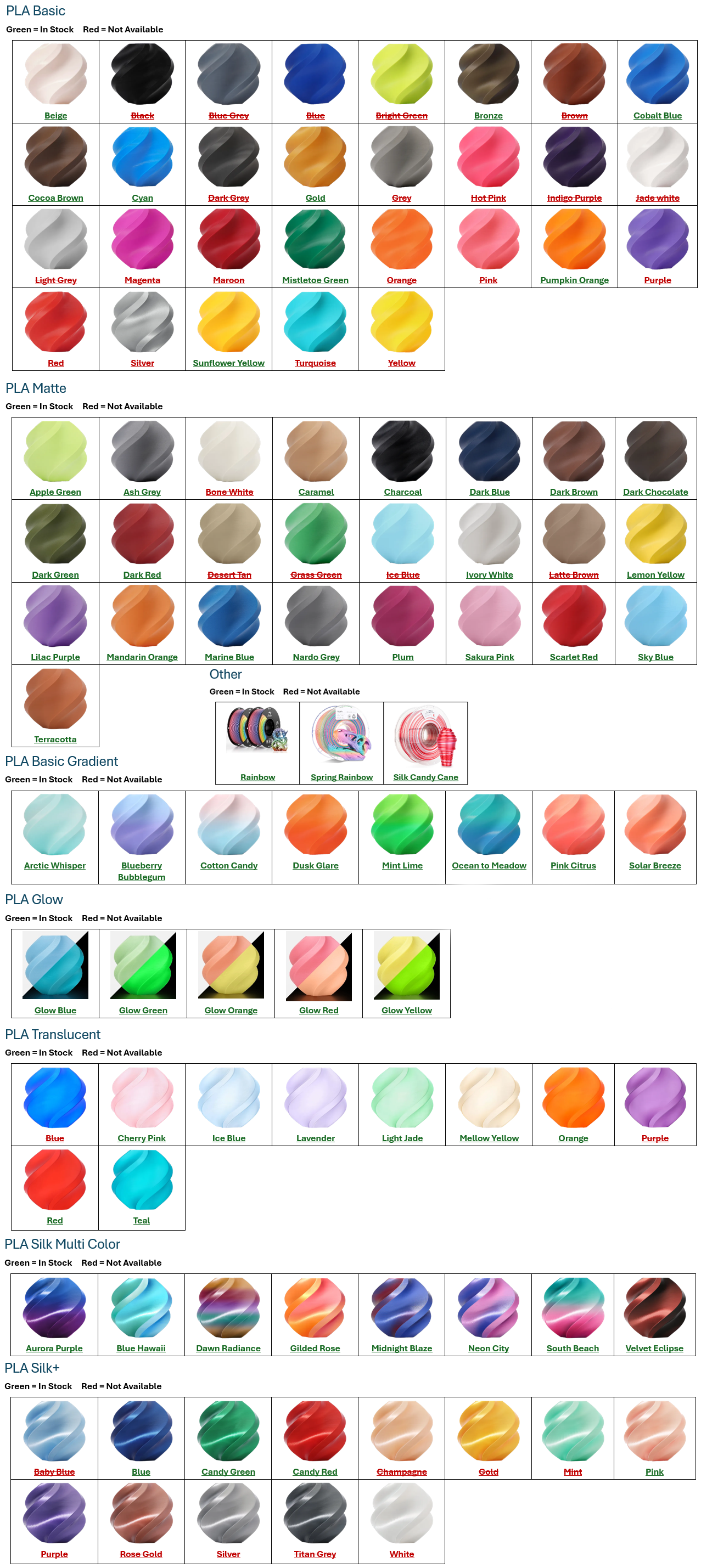 Color swatch chart with various color options