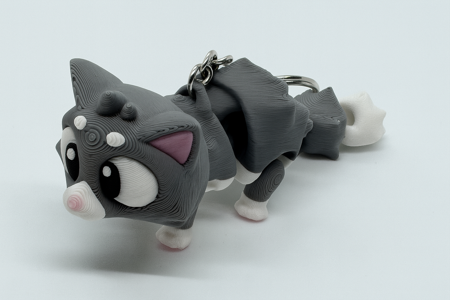 Articulated Gray Cat Keychain – Flexible Fidget Kitten