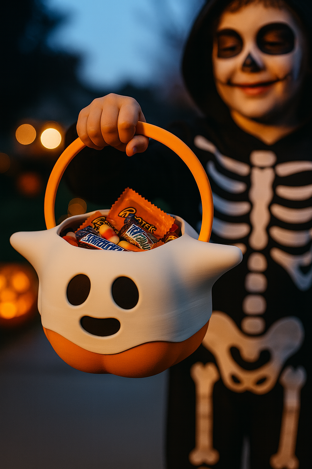 Spooky Ghost Pumpkin Halloween Candy Bucket – Trick-or-Treat Basket with Lid