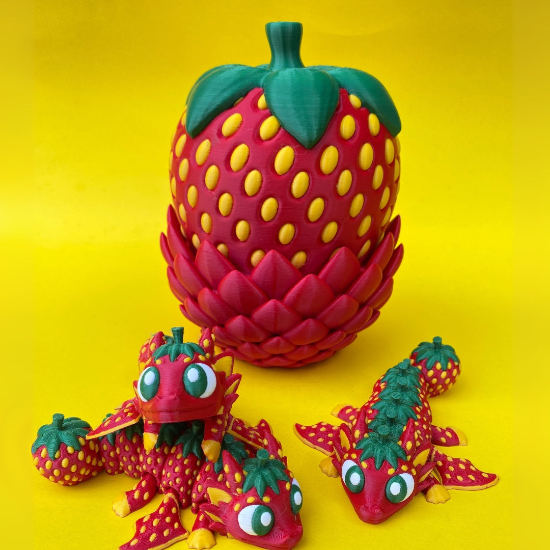 Articulated Strawberry Dragon Figurine with Egg: Whimsical 3D Printed Collectible