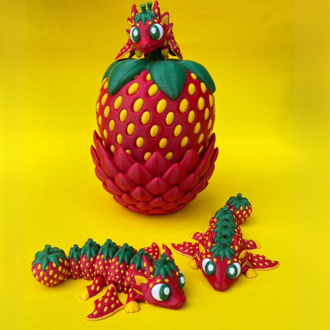 Articulated Strawberry Dragon Figurine with Egg: Whimsical 3D Printed Collectible