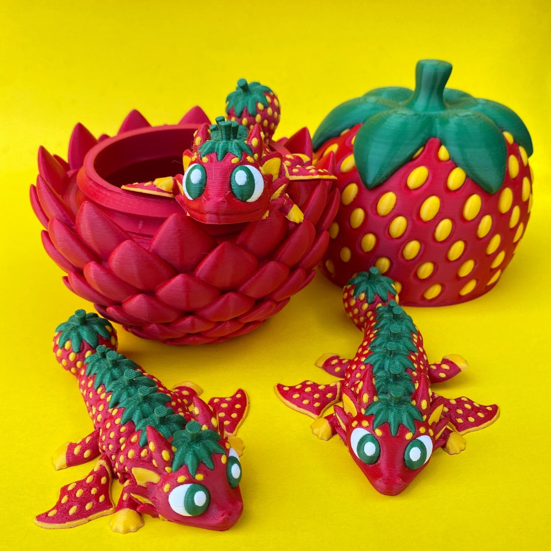 Articulated Strawberry Dragon Figurine with Egg: Whimsical 3D Printed Collectible