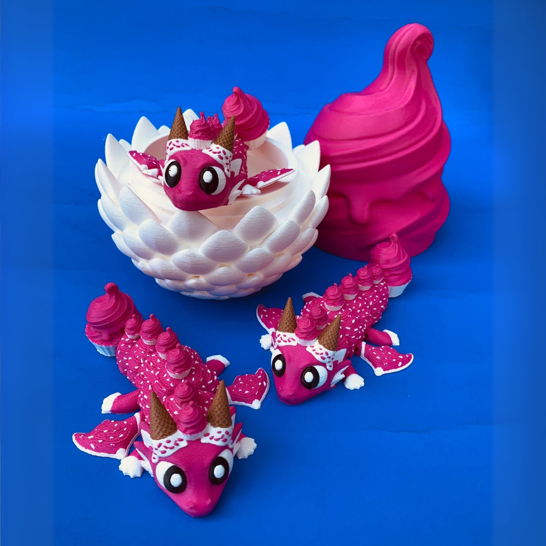 Ice Cream Dragon Figurine with Egg: Whimsical 3D Printed Collectible