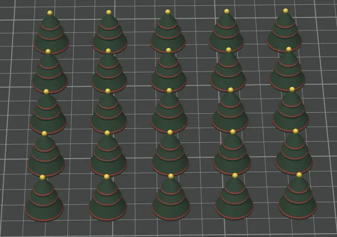 Multiple green Christmas trees with gold balls on a grid background