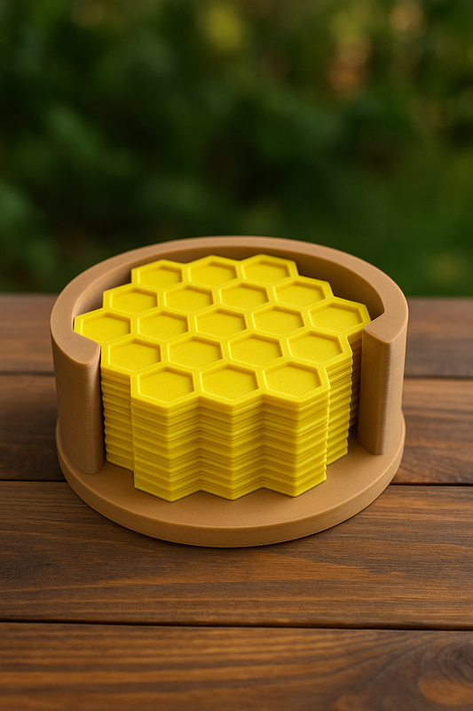 3D Printed Honeycomb Bee Coaster Set: Yellow Hexagon Table Decor