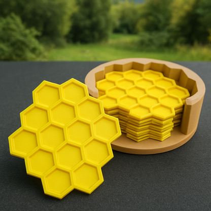 3D Printed Honeycomb Bee Coaster Set: Yellow Hexagon Table Decor