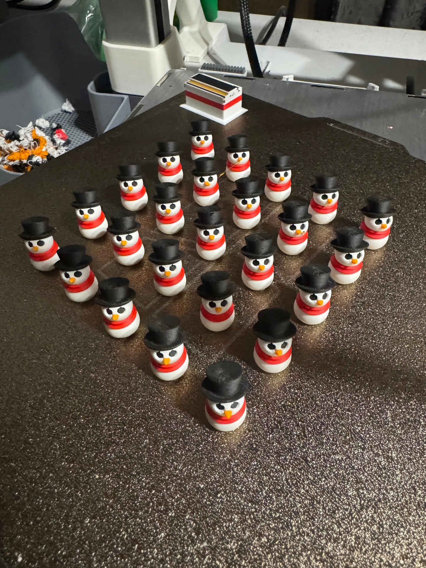 snowman-shaped objects with black top hats and red scarves on a metallic plate