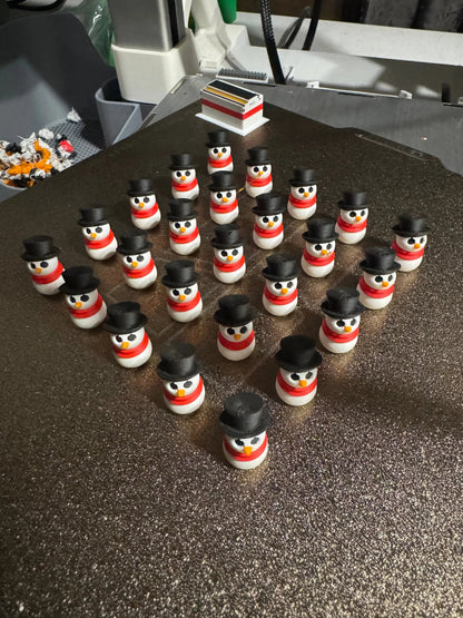 snowman-shaped objects with black top hats and red scarves on a metallic plate