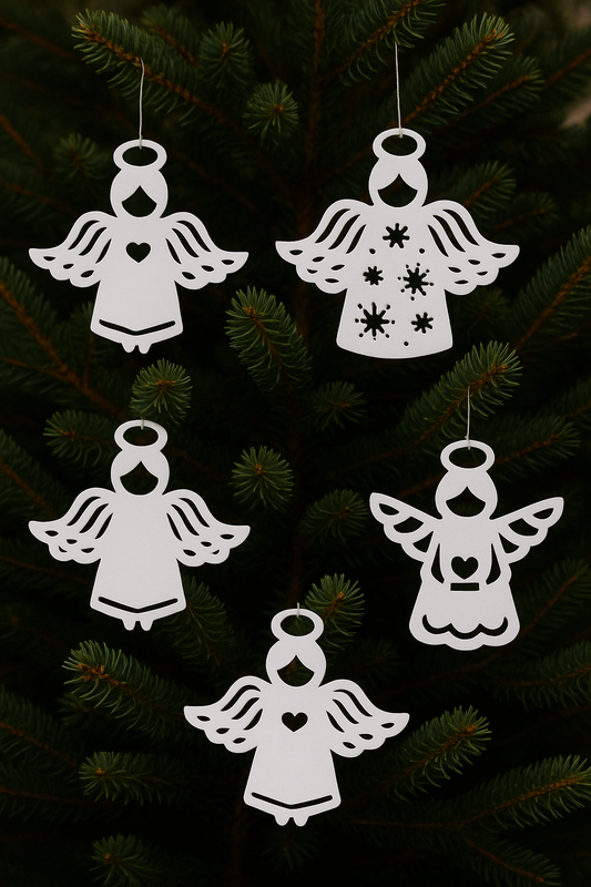 Elegant White Angel Ornaments – 3D Decorative Christmas Tree Set of Five