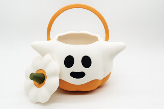 Spooky Ghost Pumpkin Halloween Candy Bucket – Trick-or-Treat Basket with Lid