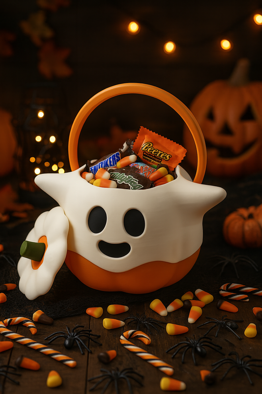 Spooky Ghost Pumpkin Halloween Candy Bucket – Trick-or-Treat Basket with Lid
