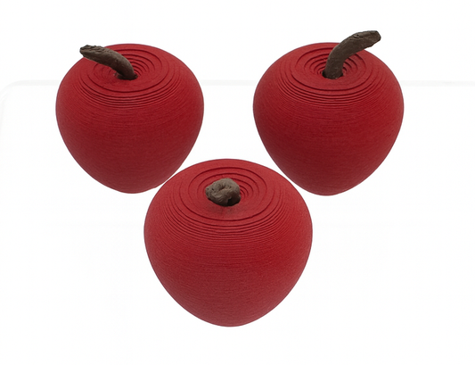 Three red apples with brown stems on a white background
