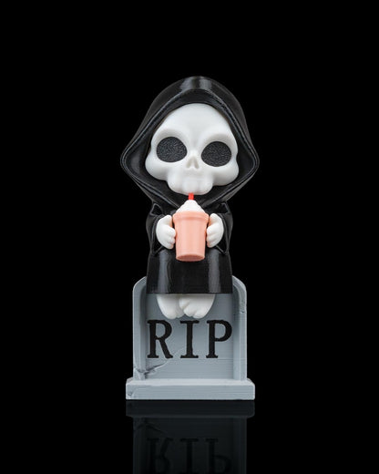 Grim Reaper Figurine – Cute Skeleton Drinking Milkshake – Spooky Gothic Desk Buddy – Funny RIP Tombstone Collectible – Halloween Shelf Decor