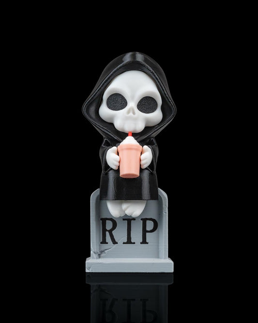 Grim Reaper Figurine – Cute Skeleton Drinking Milkshake – Spooky Gothic Desk Buddy – Funny RIP Tombstone Collectible – Halloween Shelf Decor