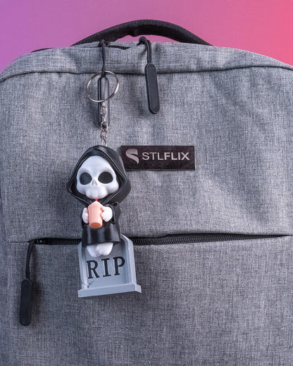 Grim Reaper Figurine – Cute Skeleton Drinking Milkshake – Spooky Gothic Desk Buddy – Funny RIP Tombstone Collectible – Halloween Shelf Decor