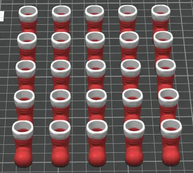 Multiple red boots with white tops arranged in a grid on a checkered background