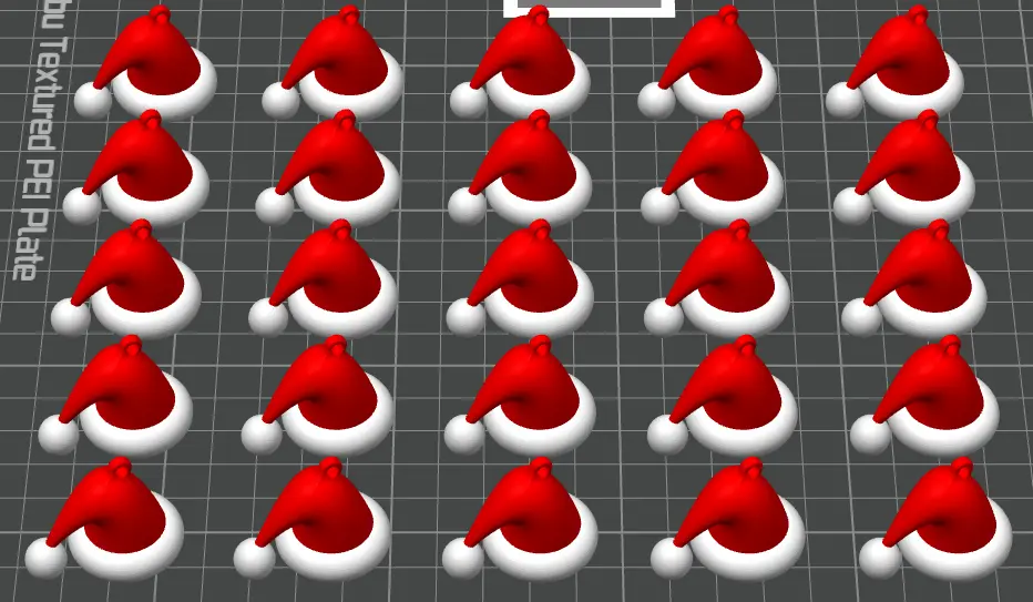Multiple red Santa hats arranged in a grid on a gray background