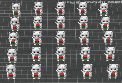 Repetitive pattern of a cartoon cat holding a gift box on a grid background