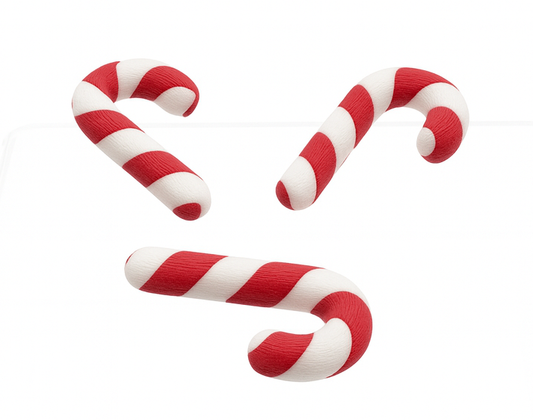 Three red and white striped candy canes on a white background