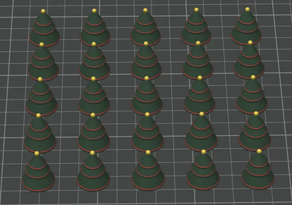 Multiple green Christmas trees with gold balls on a grid background