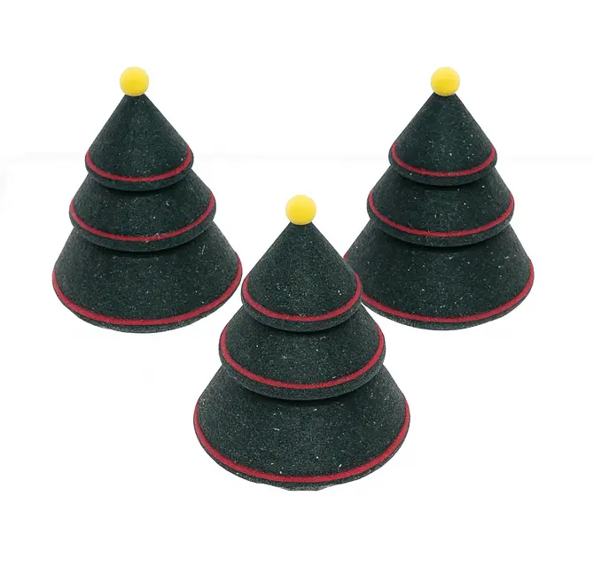 Three sparkle green Christmas trees with red outlines and yellow balls on a white background
