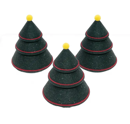 Three sparkle green Christmas trees with red outlines and yellow balls on a white background