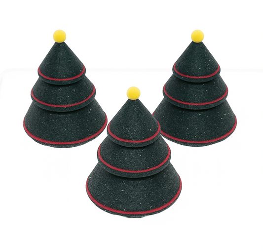 Three sparkle green Christmas trees with red outlines and yellow balls on a white background