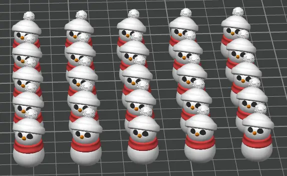 3D model of snowmen stacked in a pattern on a grid background
