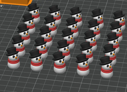 Multiple snowmen with top hats arranged in a grid on a grid background